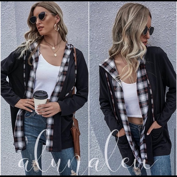 HPπ₯Black Plaid Hoodie Jacket Coat with Pockets - Picture 2 of 6